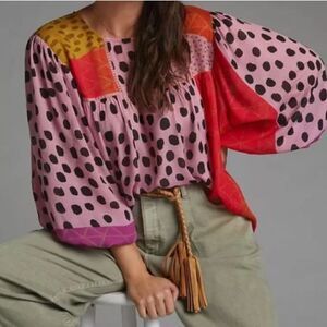 BLINK LONDON: Colorblock Pink Polka Dot Balloon-Sleeve Blouse
